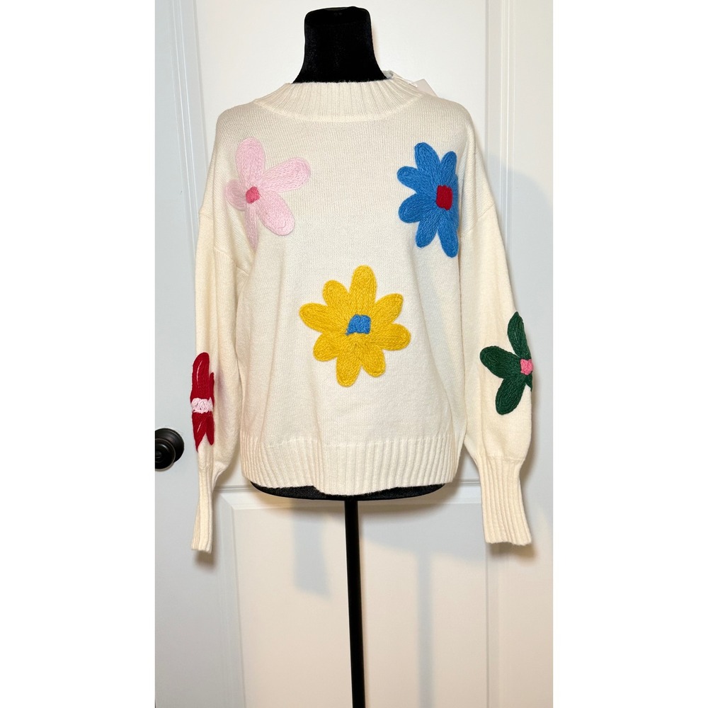 NEW! Petal + Pup Floral Applique Knit Sweater Cream Wool Blend Womens S/ M